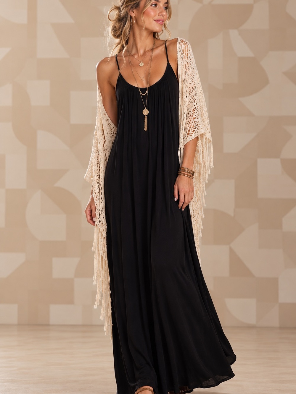 🌼MAKE OFFER🌼 Eighteen68 Black Spaghetti-Strap Boho Chic Modal Maxi Dress MED